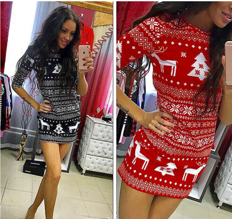 Slim-fit sleeved deer print dress