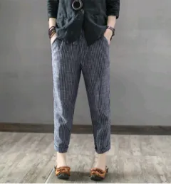summer new European and American elastic waist stitching striped linen casual pants nine pants straight pants - Navy - View 1
