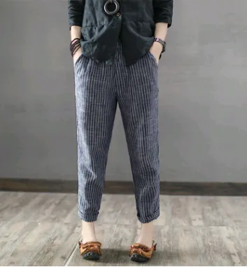 summer new European and American elastic waist stitching striped linen casual pants nine pants straight pants Navy - Shop at LoveMi