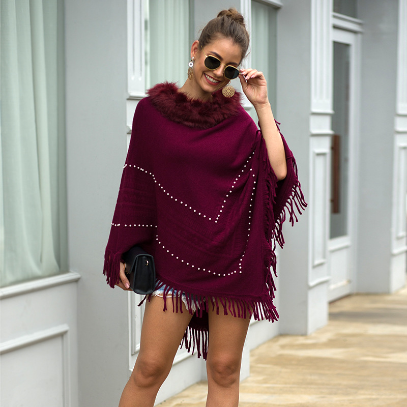 Foreign trade tassel shawl cloak fur collar beaded ladies sweater