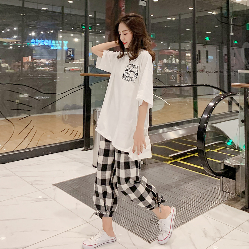 Short-sleeved T-shirt + two-piece pregnant belly lift pants