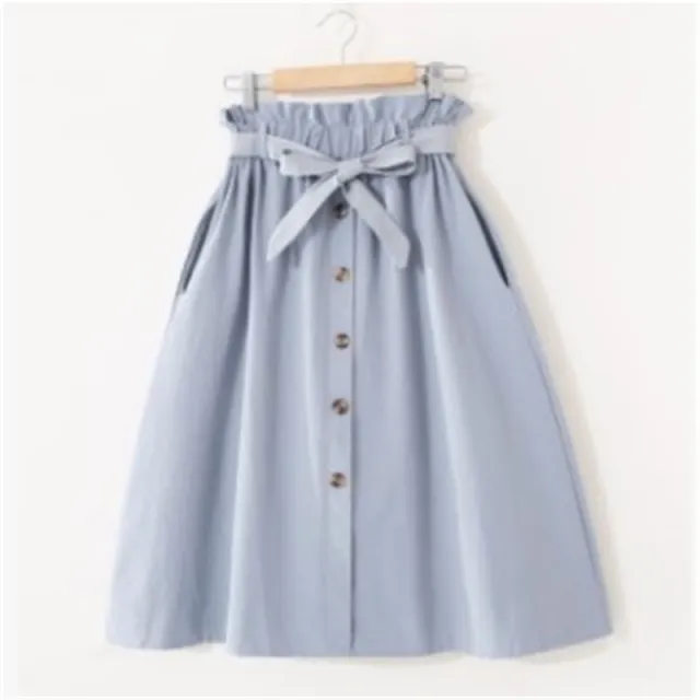 Elegant Button High Waist Skirt Female Pleated Skirt Blue - Shop at LoveMi