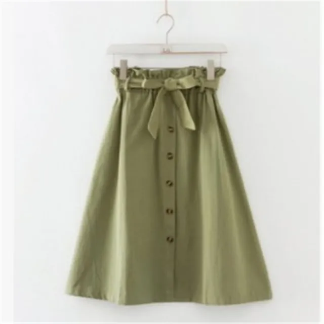 Elegant Button High Waist Skirt Female Pleated Skirt Army Green - Shop at LoveMi
