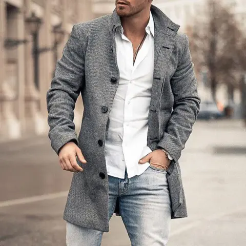 New Men's Woolen Stand Collar Mid-length Casual Coat