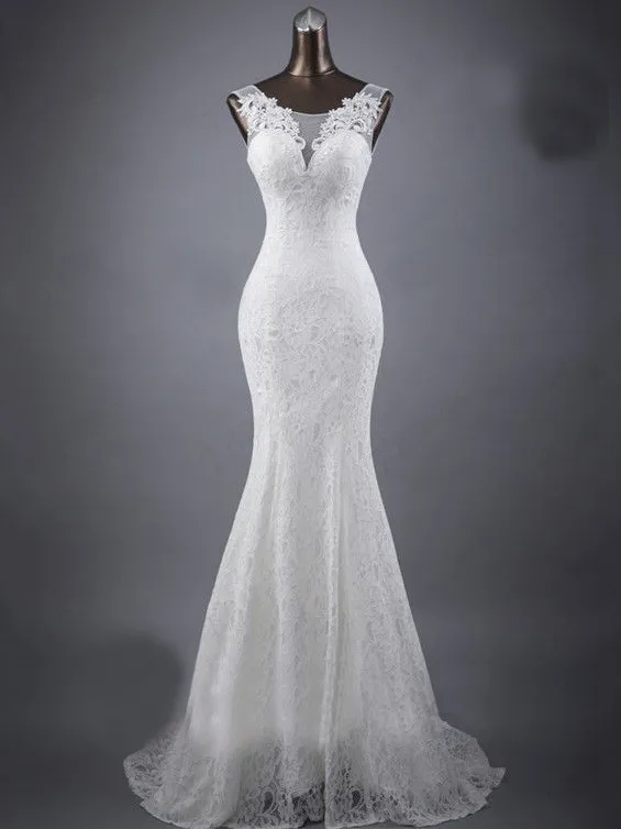 Lace slim and thin double shoulder tail wedding dress White - Shop at LoveMi