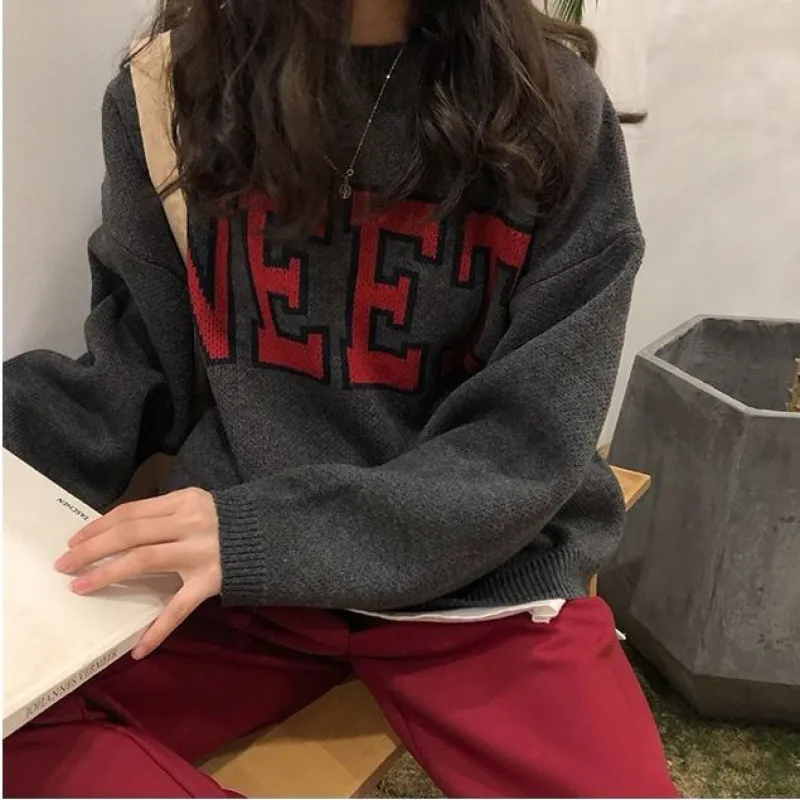 Sweater Girl Student Sweet Round Neck Top - Grey