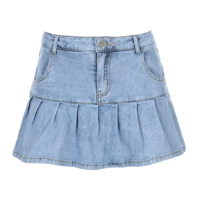High Waisted Ruffled Lining Pleated Denim Skirt Blue - Shop at LoveMi