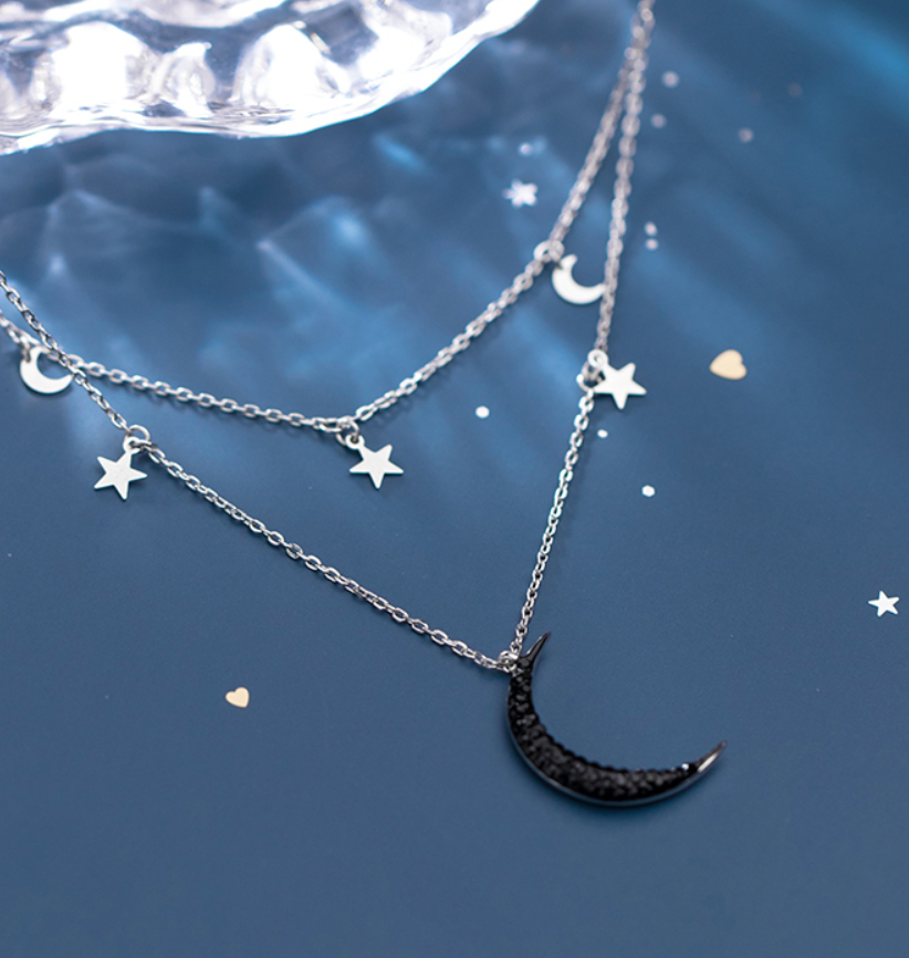 Moon Clavicle Chain with Black Diamonds