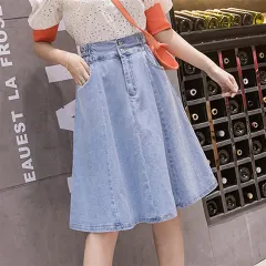 Women's High Waist Denim Bust A-line Skirt - Light Blue - View 1