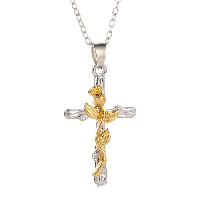Classic Vintage Leaf Jesus Cross Necklace Golden - Shop at LoveMi