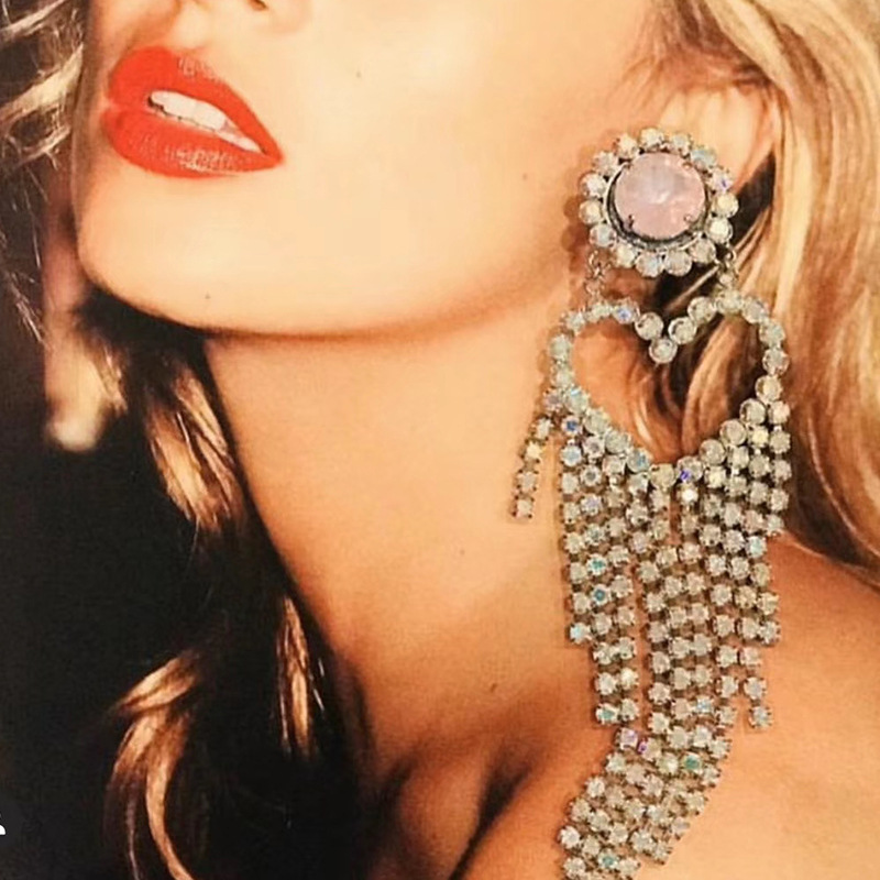 Heart-Shaped Diamond Long Tassel Earrings