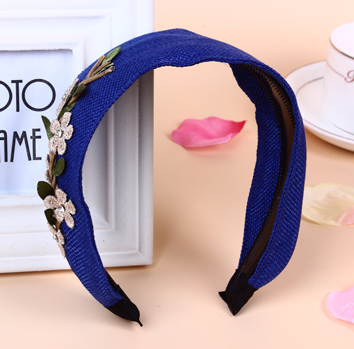 European and American personality new headdress garland fashion hairpin linen flower extra wide headband plant rhinestone hair band Blue - Shop at LoveMi