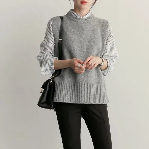 Round neck waistcoat knit vest Grey - Shop at LoveMi