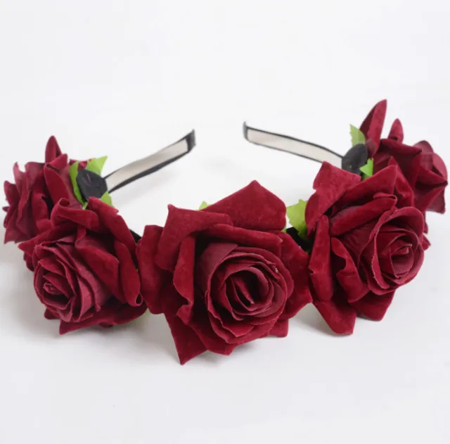 New velvet simulation rose flower wreath headband seaside holiday shooting hair accessories Dark Red - Shop at LoveMi