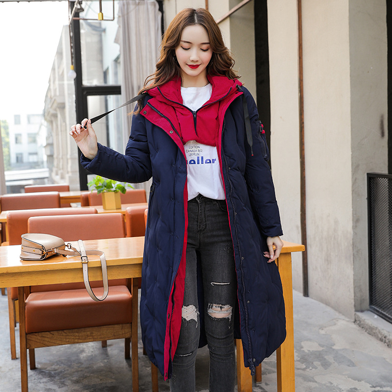Color-blocking long over-the-knee down padded jacket women's clothing