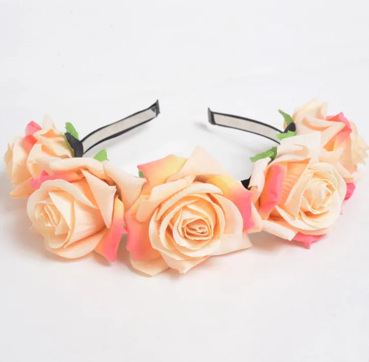 New velvet simulation rose flower wreath headband seaside holiday shooting hair accessories - Champagne