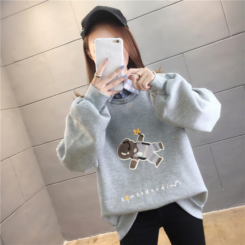 Fake two cute bear plus velvet padded sweater