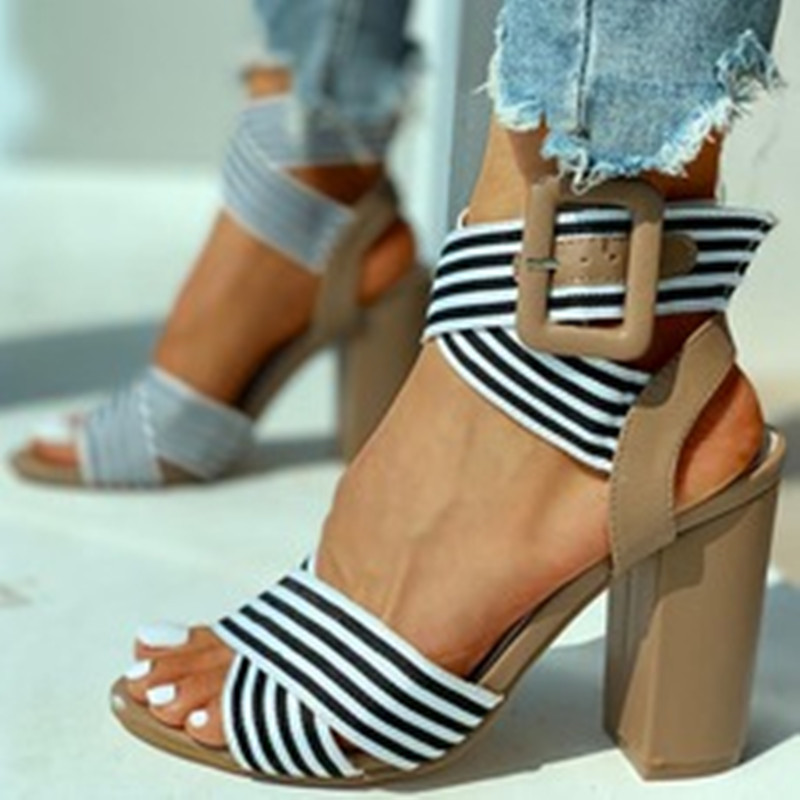 Fashion Super High Heel Striped Belt Buckle Hollow Sandals