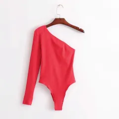 Women's Autumn Thread Elastic Diagonal Collar One-piece Bottoming Shirt - Red - View 1
