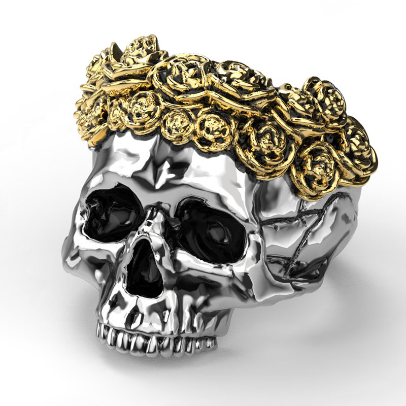 خاتم بتصميم إكليل الملائكة مع جمجمة وشبح بلونين من سبيكة