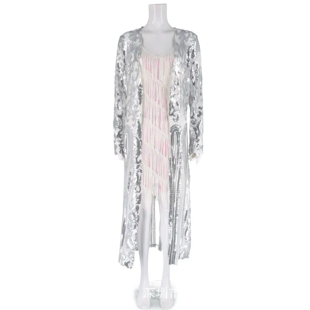 European and American sexy sequins see through cardigan dress Silver - Shop at LoveMi