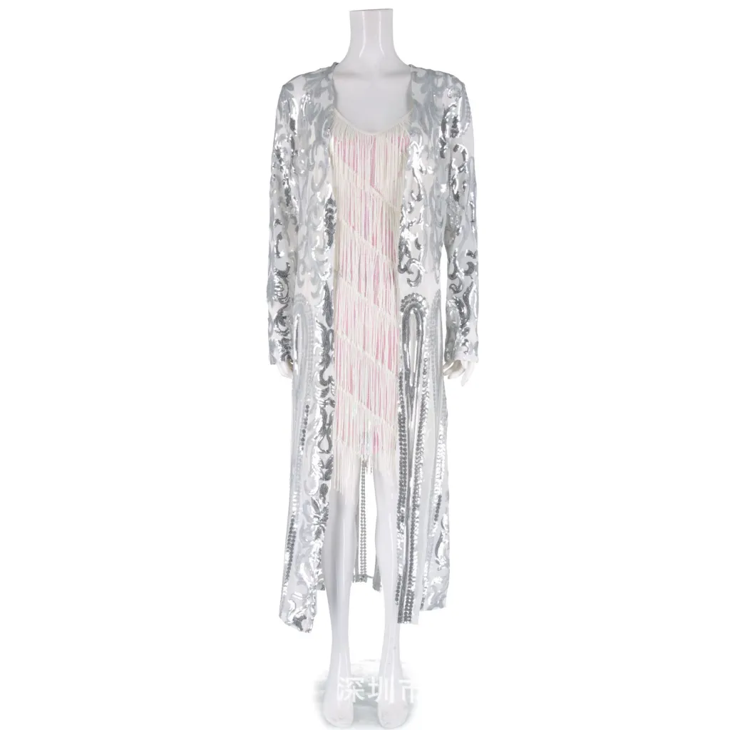 European and American sexy sequins see-through cardigan dress - Silver
