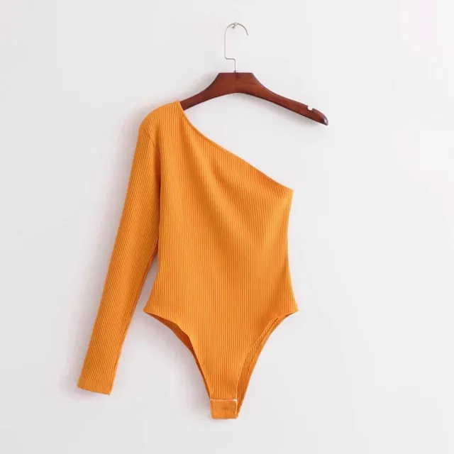 Women's Autumn Thread Elastic Diagonal Collar One piece Bottoming Shirt Yellow - Shop at LoveMi