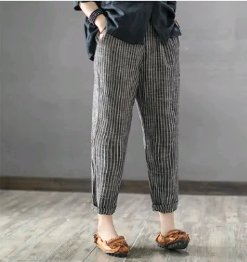 summer new European and American elastic waist stitching striped linen casual pants nine pants straight pants Black - Shop at LoveMi