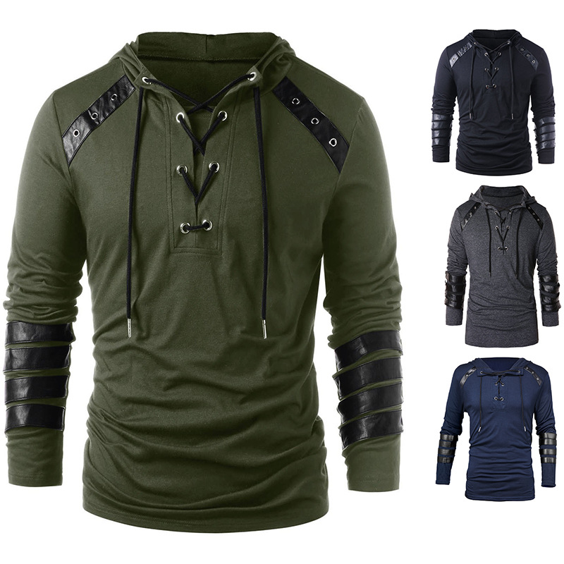 Men's solid color lace-up hoodie