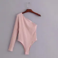 Women's Autumn Thread Elastic Diagonal Collar One-piece Bottoming Shirt - Pink - View 1