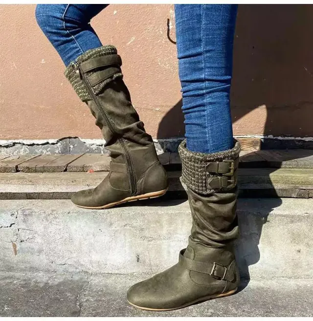 High sleeve wool leather button flat heel Knight boots Green - Shop at LoveMi