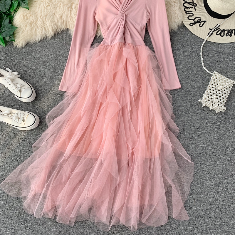 French retro long-sleeved mesh stitching knit dress