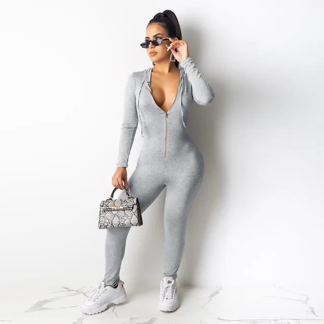 European and American fashion zipper hoodie jumpsuit Grey - Shop at LoveMi