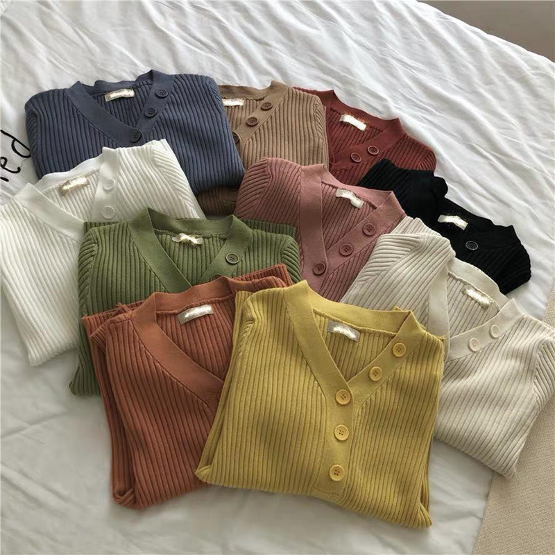 Candy color V-neck one-breasted sweater