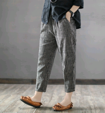 summer new European and American elastic waist stitching striped linen casual pants nine pants straight pants