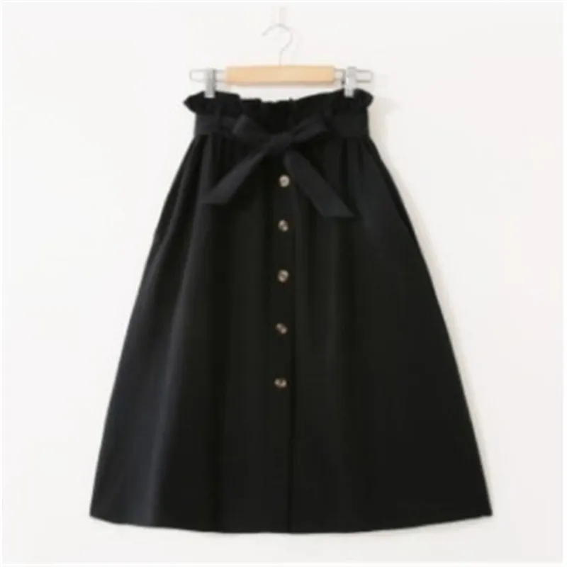 Elegant Button High Waist Skirt Female Pleated Skirt - Black