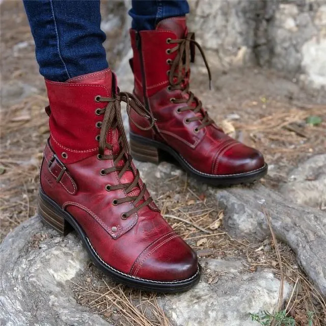 Casual Low Heeled Round Toe Cross Lace Up Ankle Boots Red - Shop at LoveMi