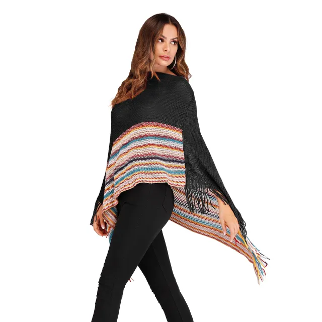 Fringed high neck color block shawl Black - Shop at LoveMi