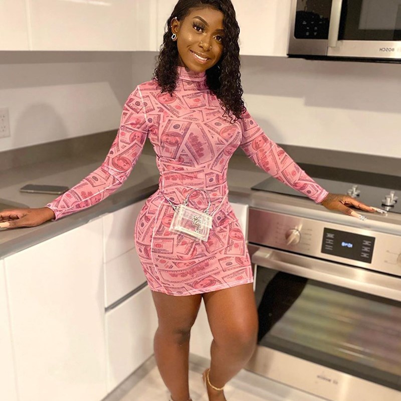 Printed high neck long sleeve sexy dress