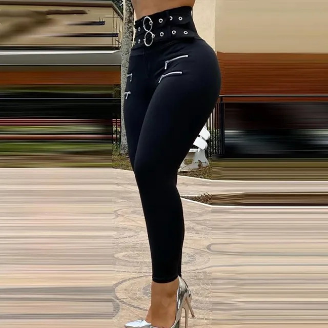 European and American Women's Black High Waist Skinny Pants Need a belt Black - Shop at LoveMi