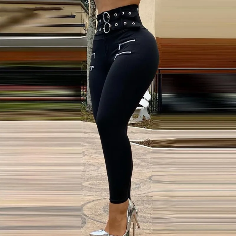 European and American Women's Black High Waist Skinny Pants-Need a belt - Black