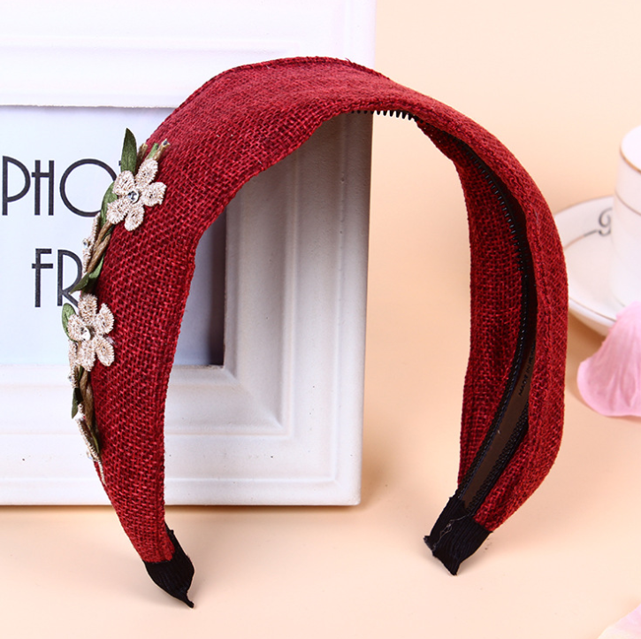 European and American personality new headdress garland fashion hairpin linen flower extra wide headband plant rhinestone hair band Gules - Shop at LoveMi
