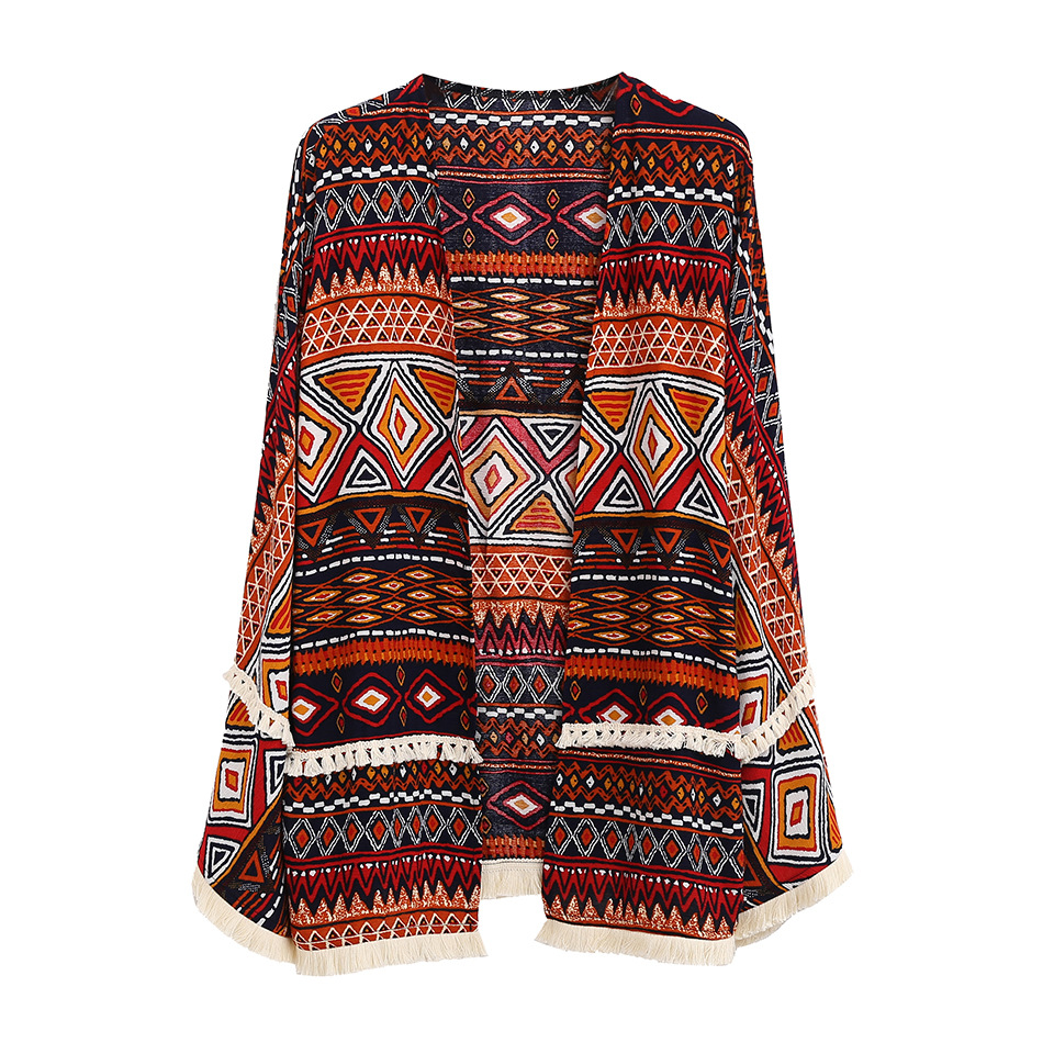 Bohemian print fringed cardigan top Picture Color - Shop at LoveMi