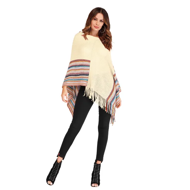 Fringed high neck color block shawl Apricot - Shop at LoveMi