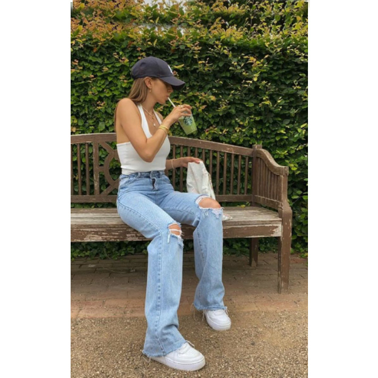 Title 5, High Waist Wide Leg Trousers Ripped Washed Jeans