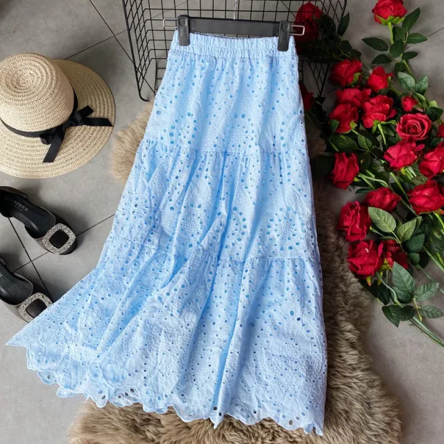 Elastic Waist Hollow Quality Skirt Mid length Blue - Shop at LoveMi