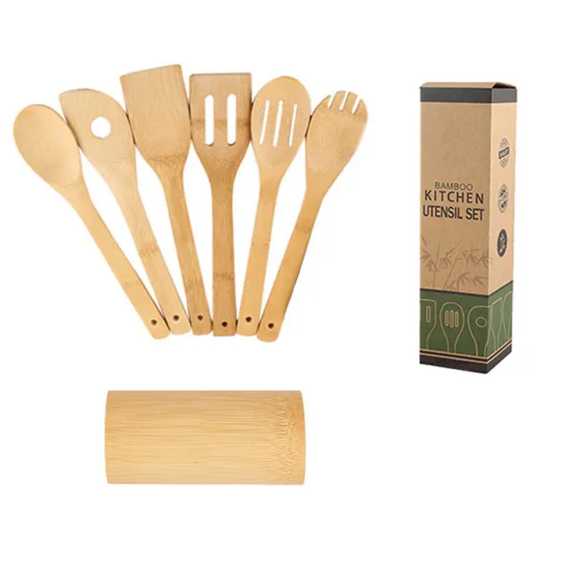 Bamboo Spatula Set with Square Holder Eco Friendly with Ergonomic Handle Kitchen Utensil 6 Style - Shop at LoveMi