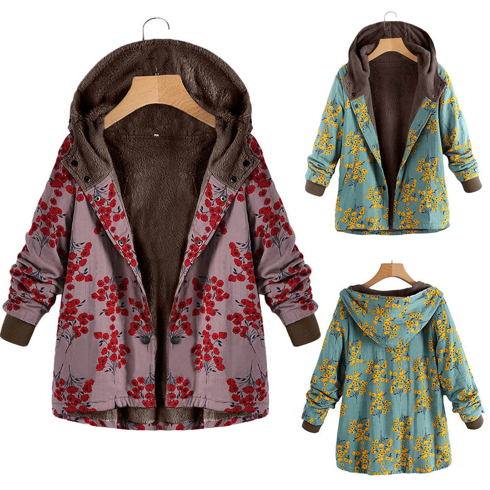 Retro flower print plus size hooded jacket top