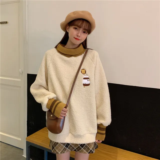 Embroidered high neck pullover loose long sleeve sweater Red - Shop at LoveMi