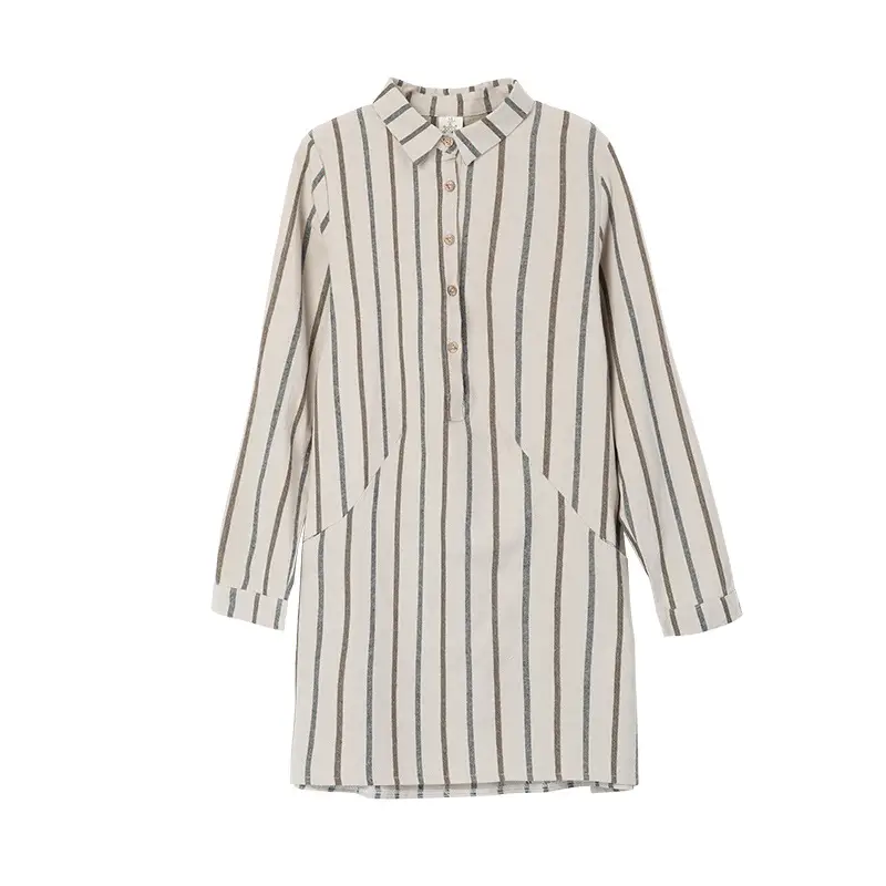 Striped Lapel Mid-Length Long-Sleeved Shirt Women